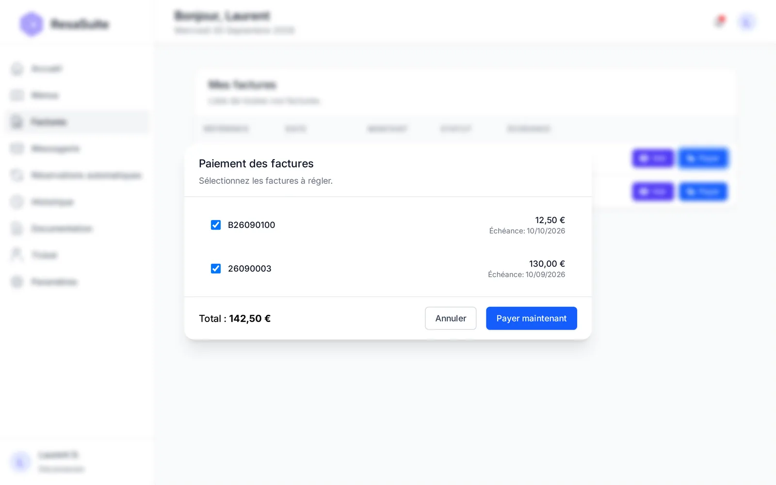 Fenêtre Paiement des factures avec deux factures cochées, le total à régler et le bouton Payer maintenant