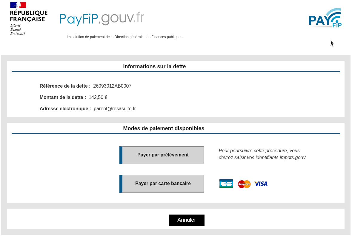 Page PayFiP Informations sur la dette avec les boutons Payer par prélèvement et Payer par carte bancaire