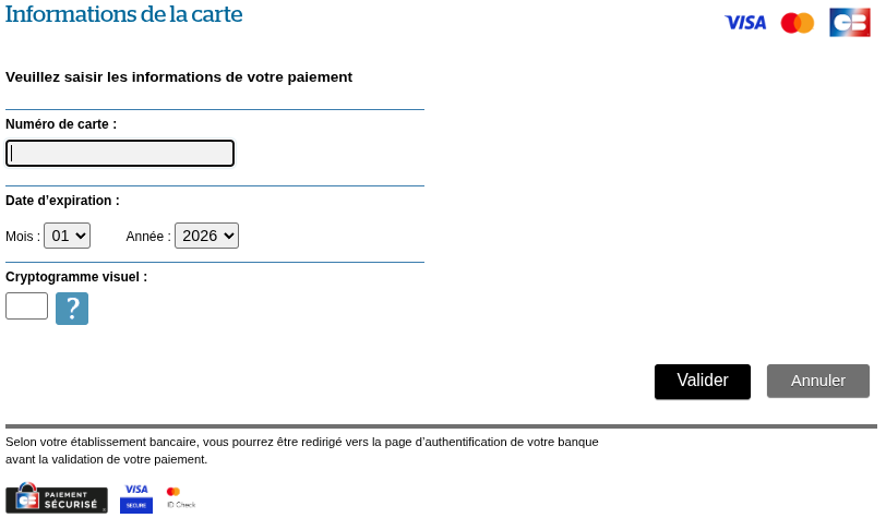 Page PayFiP Informations de la carte : numéro de carte, date d'expiration et cryptogramme visuel